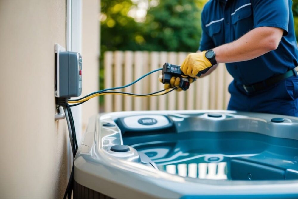 A professional Hot Tub Installer is checking the Electrical Wiring
